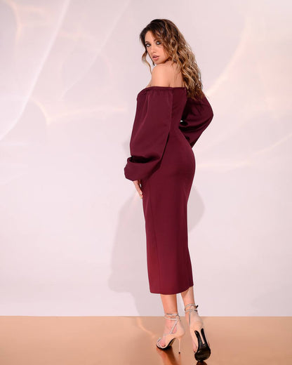 Elegant Burgundy Midi Dress with Puff Sleeves for Women