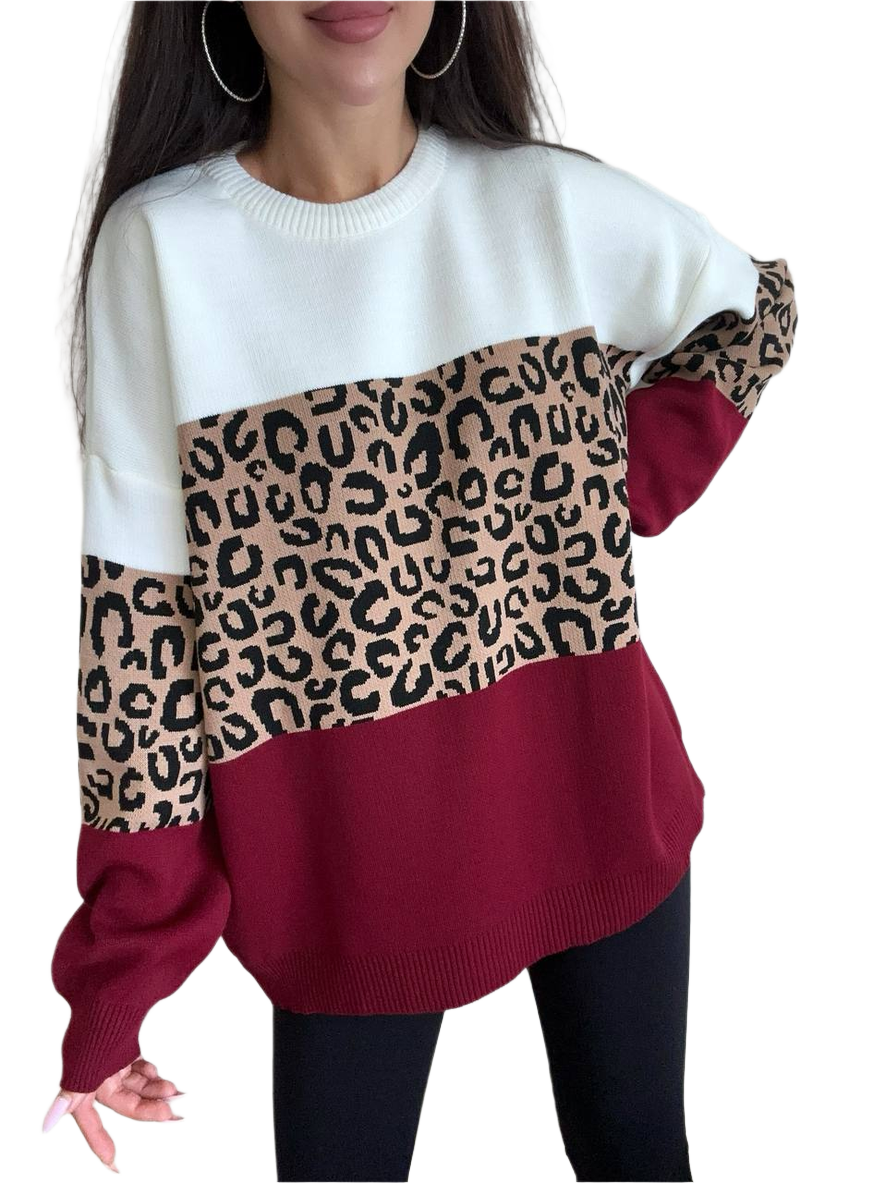 Womens Leopard Color Block Sweater Wool Acrylic Blend One Size
