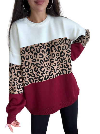 Womens Leopard Color Block Sweater Wool Acrylic Blend One Size