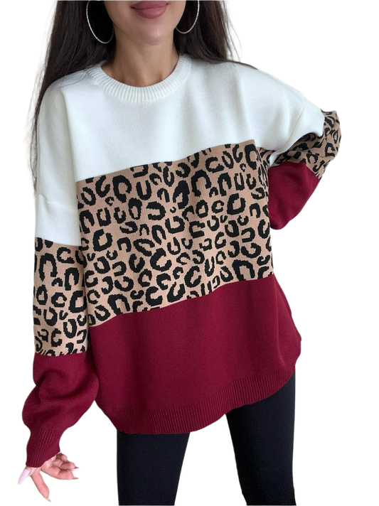 Womens Leopard Color Block Sweater Wool Acrylic Blend One Size