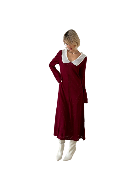 Elegant Burgundy Dress with White Collar for Women