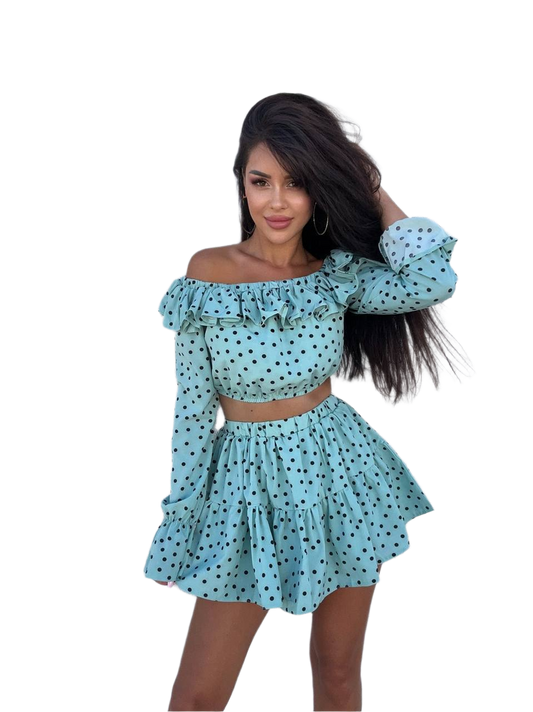Ruffle Polka Dot Suit for Women Off Shoulder Top and Skirt-Shorts