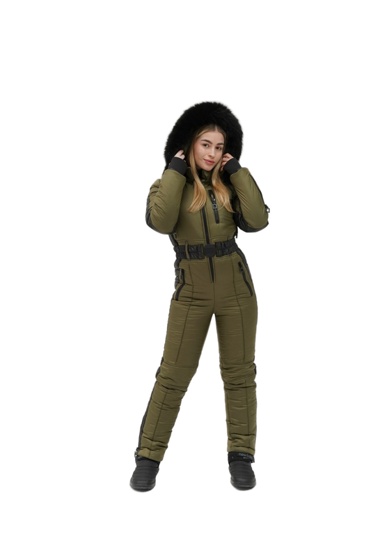 Womens Olive Winter Overall Removable Hood Real Fox Fur Insulated Snow Ski Suit
