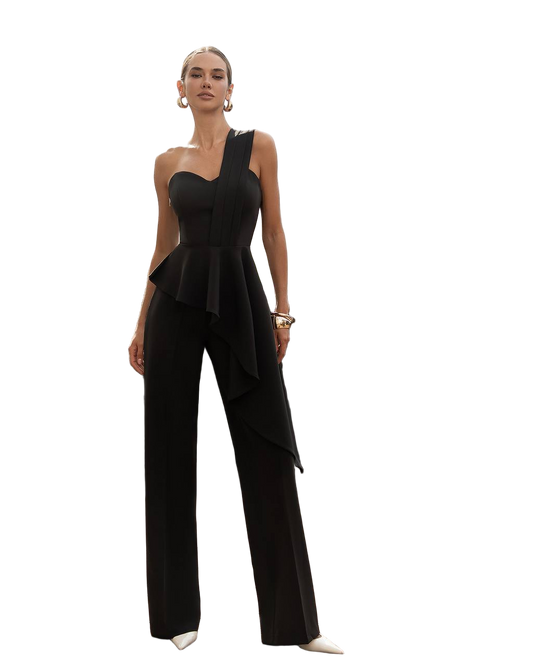 Black Peplum Top and Pants Suit Premium Crepe Diagonal