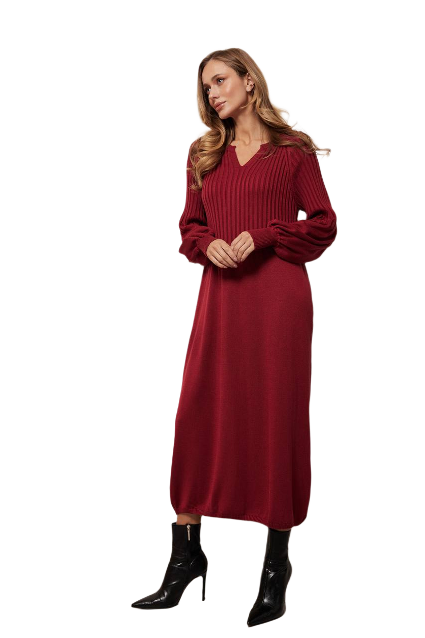 Elegant Burgundy Rib Knit Midi Dress for Women