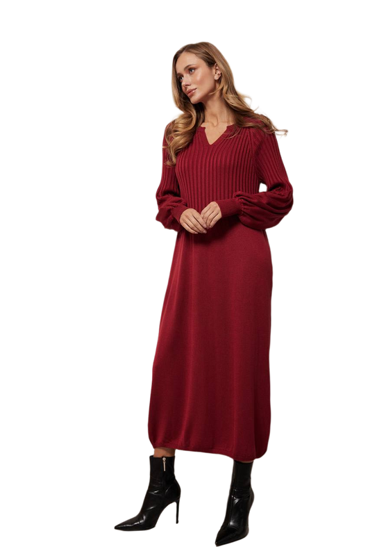 Elegant Burgundy Rib Knit Midi Dress for Women