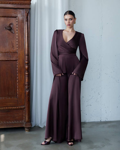 Elegant Women Suit Set in Dense Satin Fabric Paris Top and Wide Pants