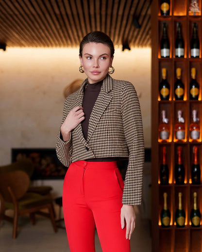 Women's Premium Houndstooth Pattern Blazer Cropped Suit Jacket
