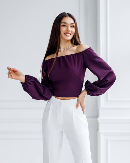 Womens Off Shoulder Cropped Top with Puff Sleeves