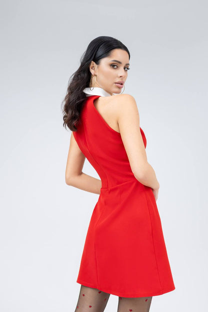 Woman wearing a red dress on a white background