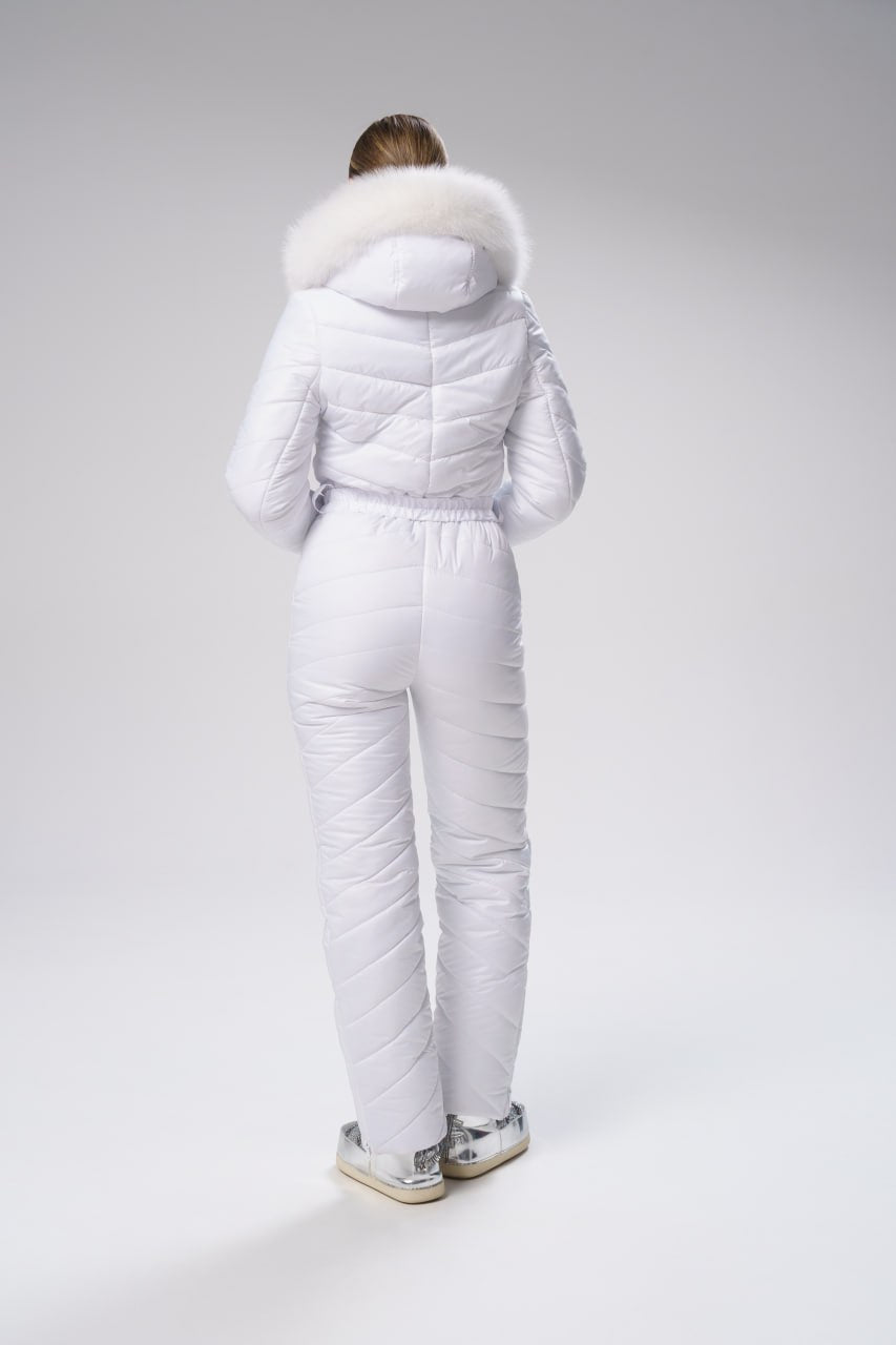 White puffer suit with fur-lined hood on a white background