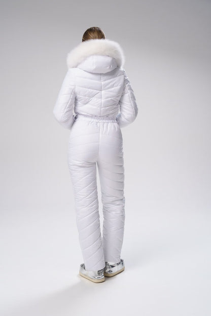 White puffer suit with fur-lined hood on a white background