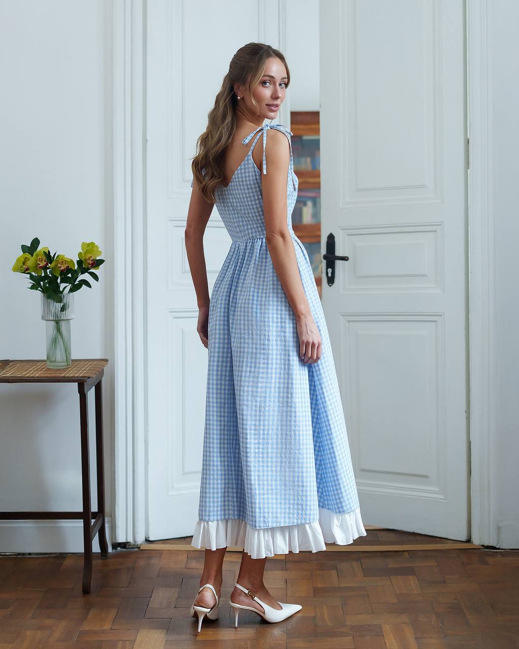 Cotton Checked Sundress with Crinkled Batiste Lining for Women