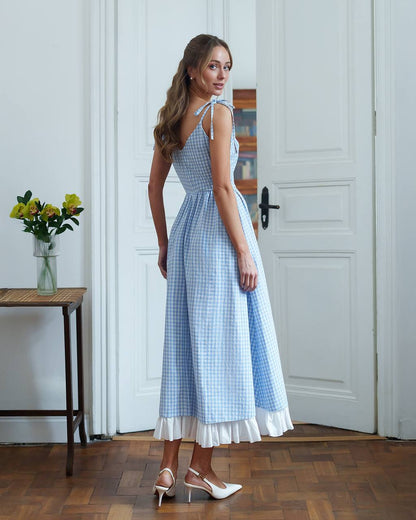 Cotton Checked Sundress with Crinkled Batiste Lining for Women