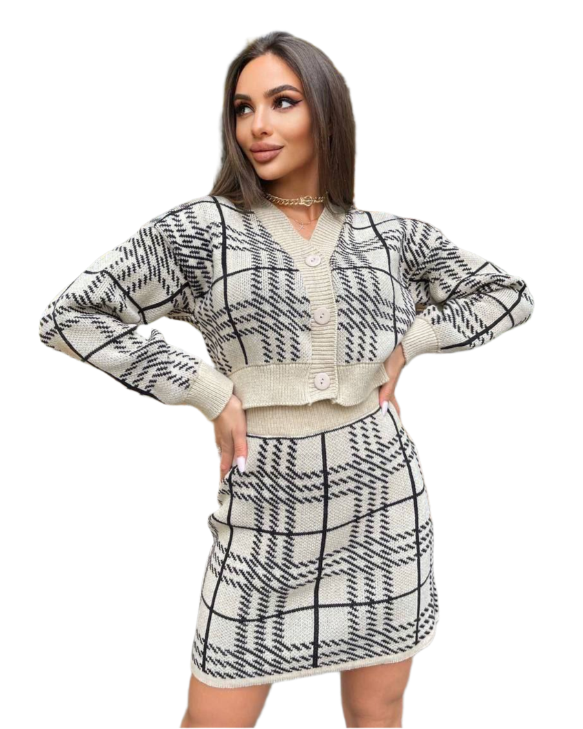 Warm Knitted Suit for Women, Wool Acrylic Blend, Knit Cardigan with Mini Skirt