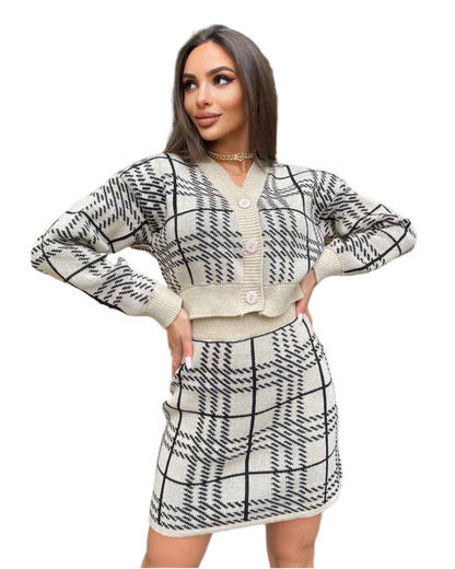 Warm Knitted Suit for Women, Wool Acrylic Blend, Knit Cardigan with Mini Skirt