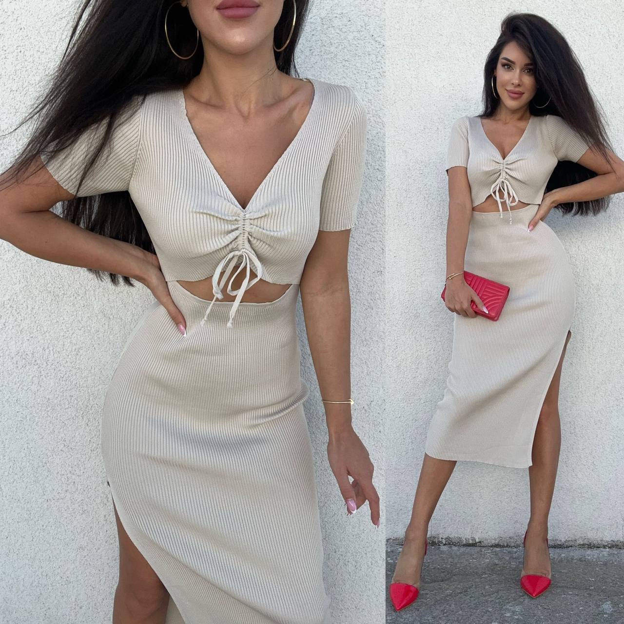 Two women wearing matching outfits with a white background