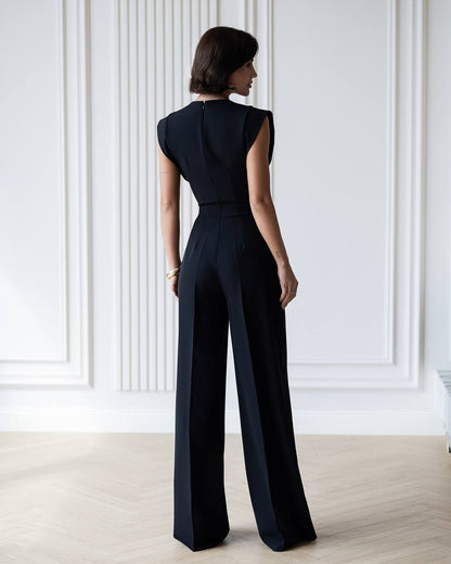 Womens Tailored Wide Leg Jumpsuit with Keyhole Neckline