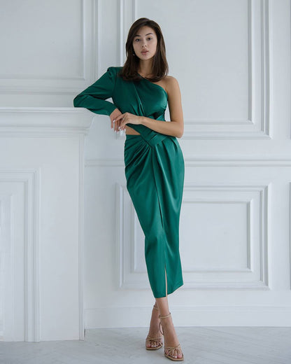 Women Midi Dress Asymmetric Sleeve Dense Mango Atlas Dress