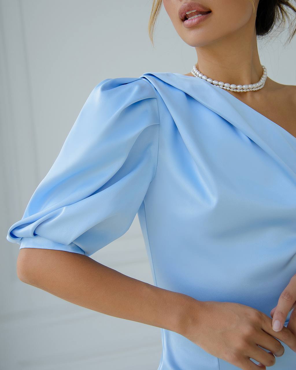 Asymmetric One Sleeve Blue Midi Dress in Premium Satin