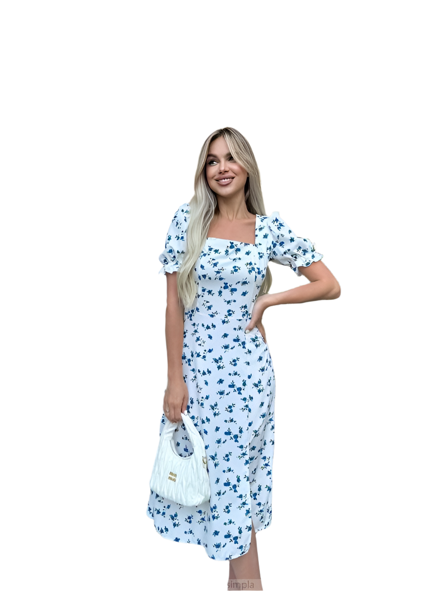 Light Summer Dress with Blue Floral Print and Puff Sleeves