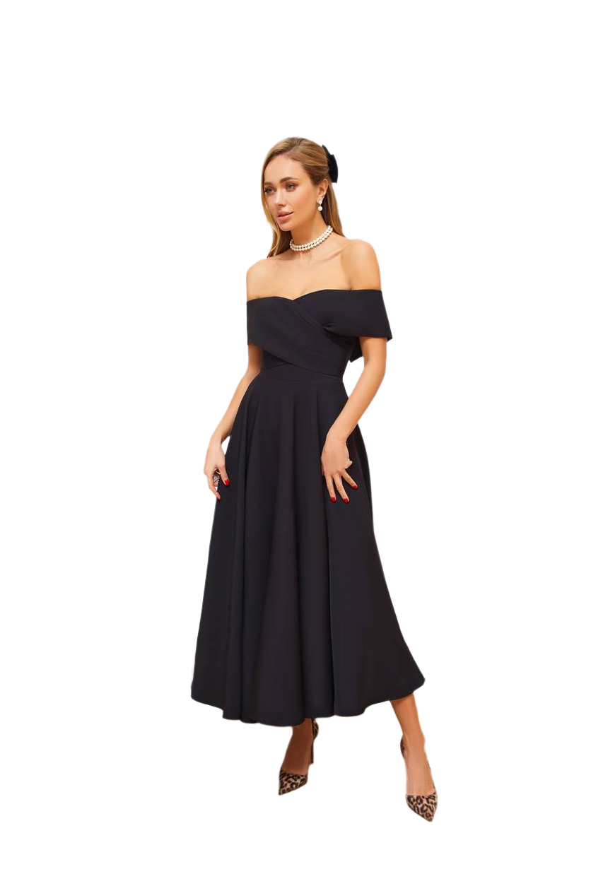 Elegant Off Shoulder Diagonal Crepe Dress for Women in Black