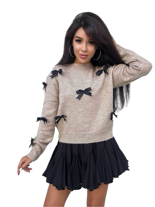 Warm Soft Sweater Bow Detail for Women Beige