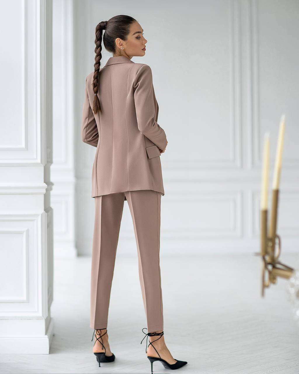 Elegant Womens Suit Jacket and Trousers Set in Soft Brown Crepe Diagonal