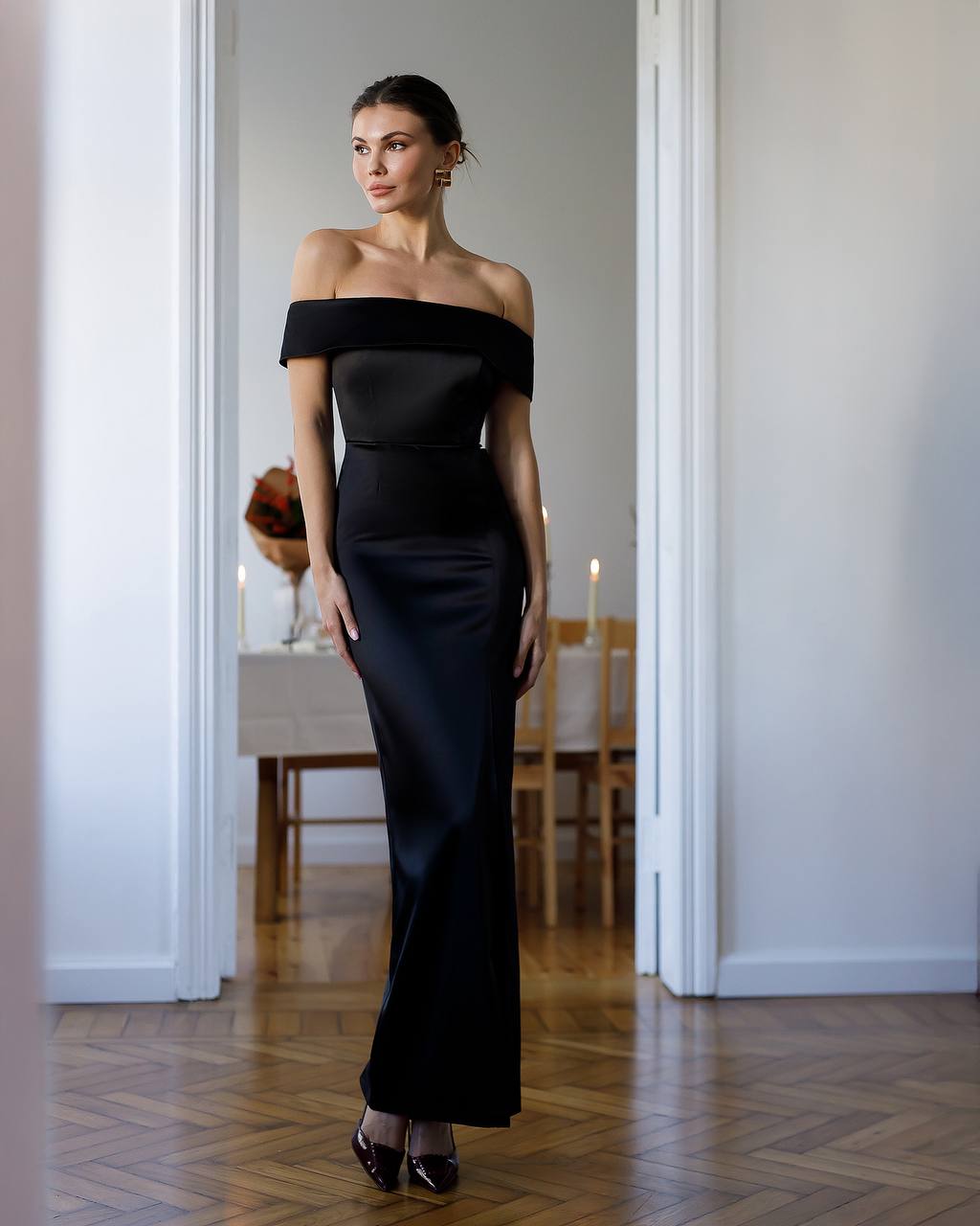 Elegant Women's Off Shoulder Maxi Dress with Side Slit in Black