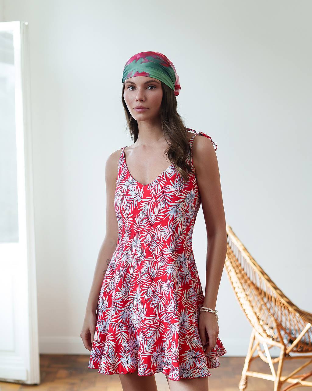 Printed Linen Sundress Women Summer Red Leaf Print