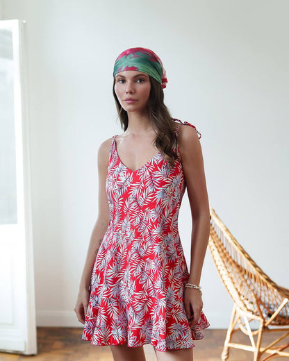 Printed Linen Sundress Women Summer Red Leaf Print