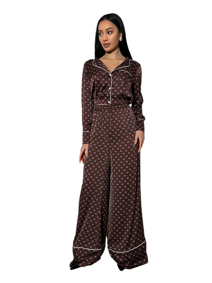 Womens Two-Piece Pajama Style Suit with Flared Trousers and Shirt