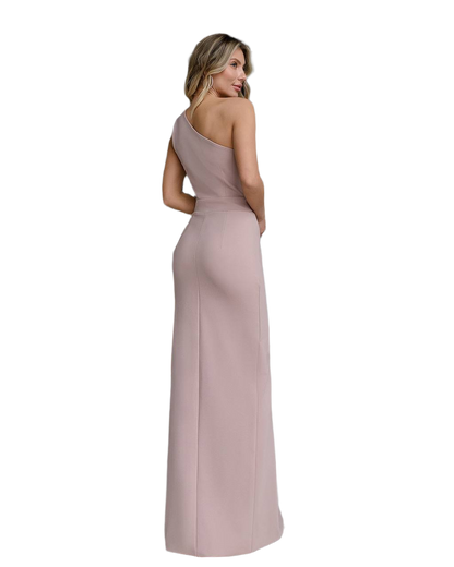 Woman wearing a one-shoulder pink gown on a white background