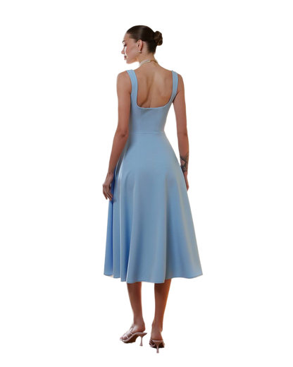 Elegant Blue Midi Dress in Premium Suit Crepe-Diagonal Fabric