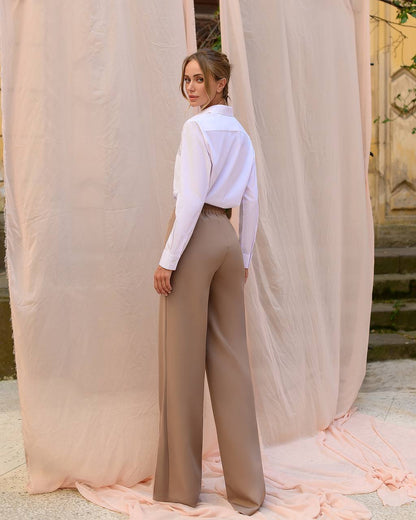 Women Elastic Back Wide Leg Pants Premium Suit Crepe Diagonal