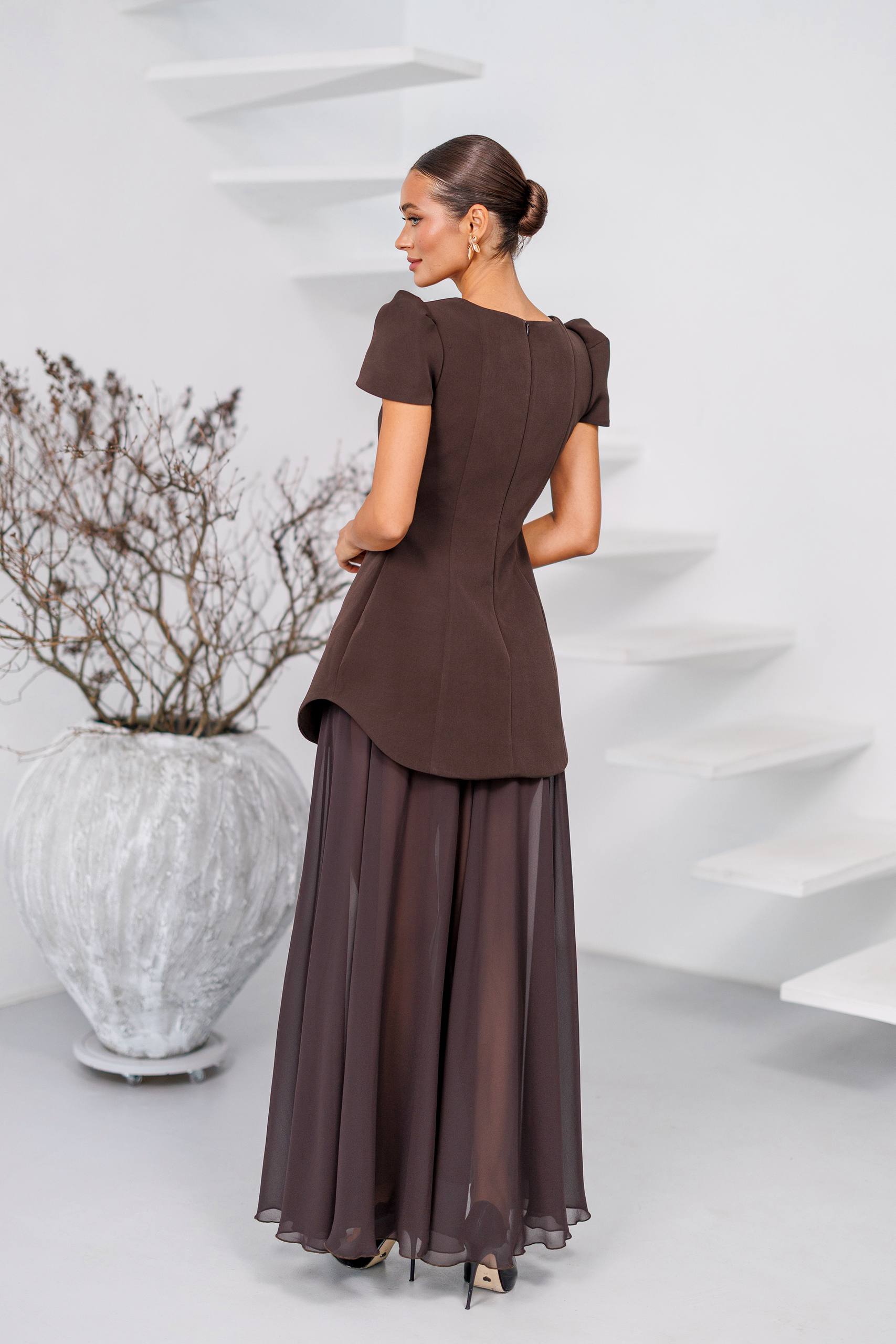 Chocolate Brown Peplum Dress with Chiffon Skirt Diagonal Crepe Evening Gown