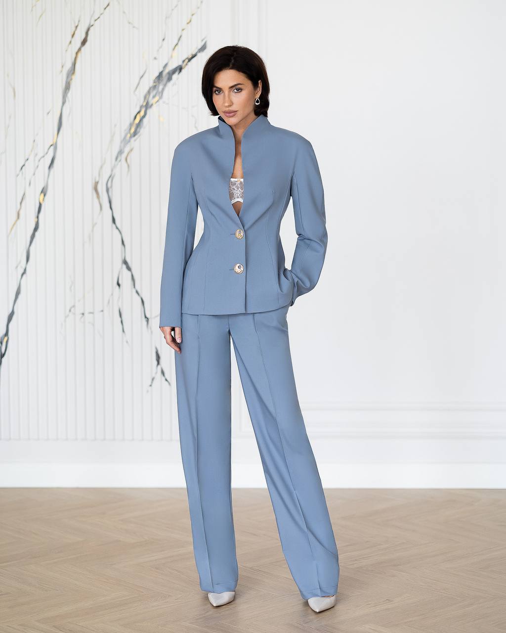 Womens Tailored Two Piece Suit with Stand Collar Jacket and Wide Leg Trousers