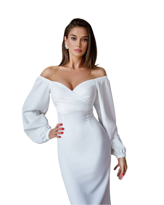 Woman wearing a white off-shoulder dress on a white background