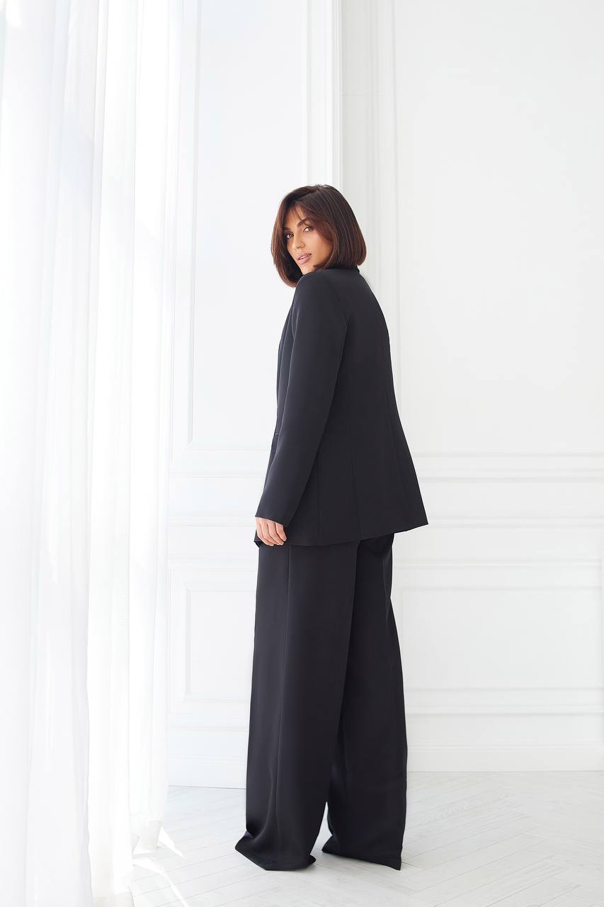 Black Women's Three Piece Suit Diagonal Crepe Lined Vest Jacket Trousers