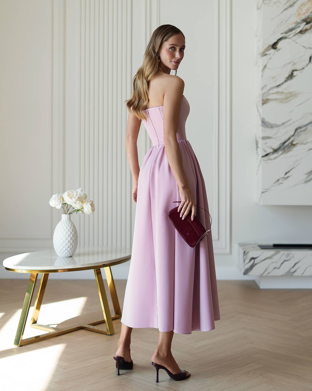 Strapless Midi Dress Women Premium Crepe Fabric Elegant Cocktail Dress