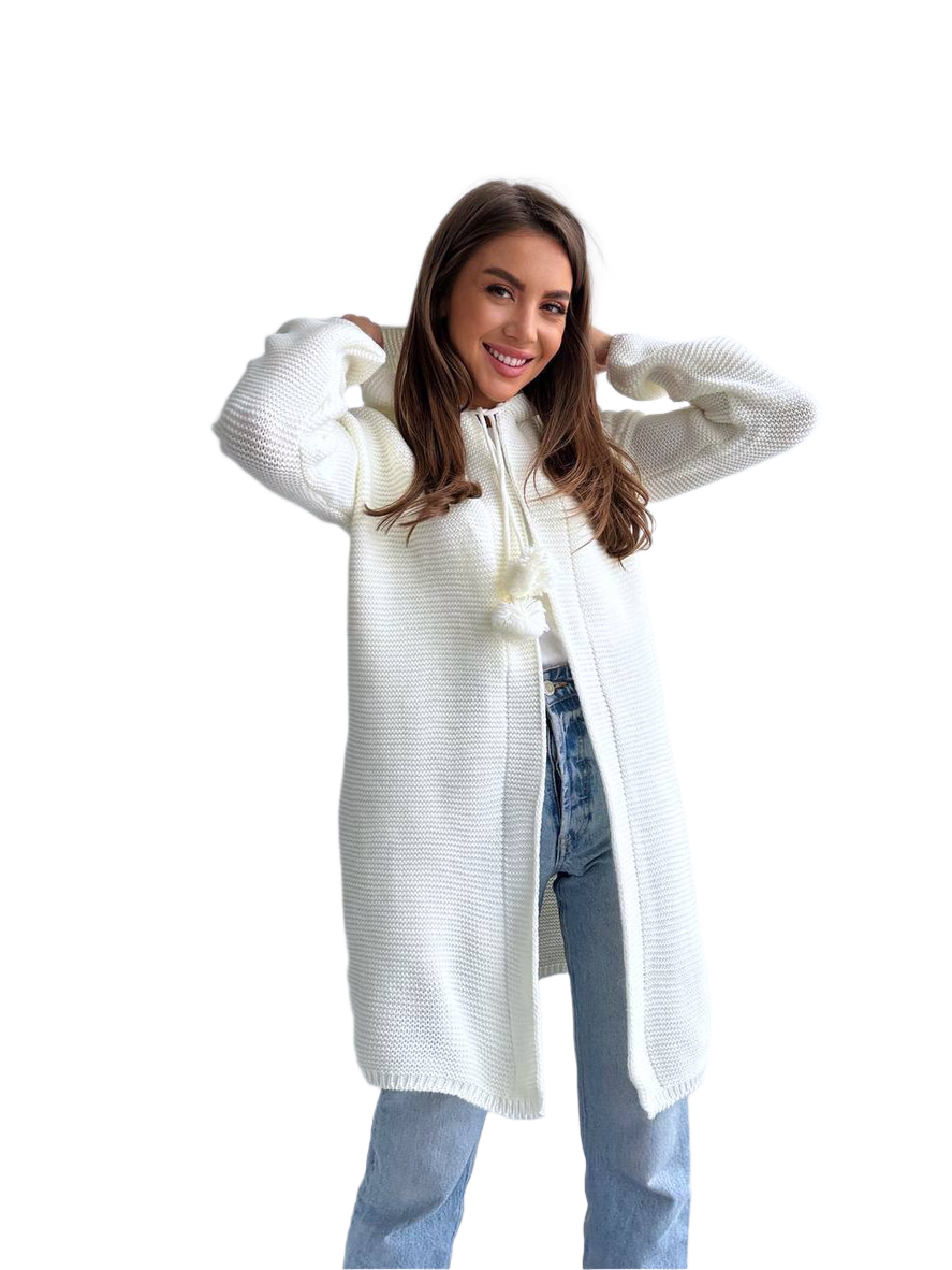 Woman wearing a long white sweater with a hood on a white background