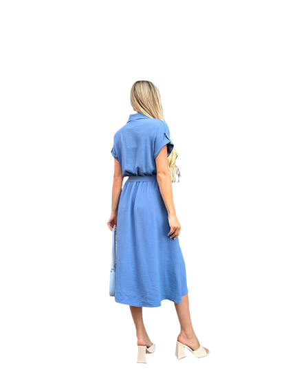 Light Blue Summer Dress with Elastic Waist and Side Pockets