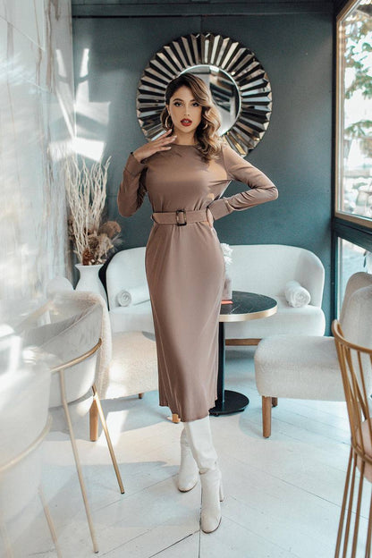 Elegant Silk Dress with Belt and Long Sleeves for Women