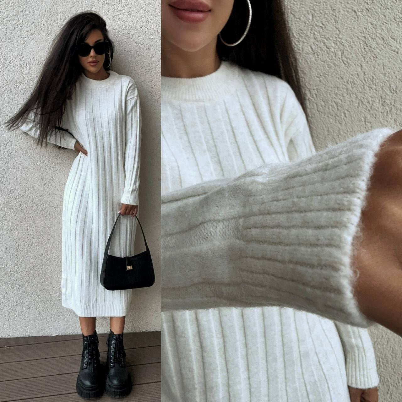 Woman wearing a white ribbed dress with close-up details against a neutral background