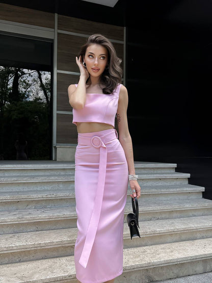 Womens Pencil Skirt and Top Set in Diagonal Crepe