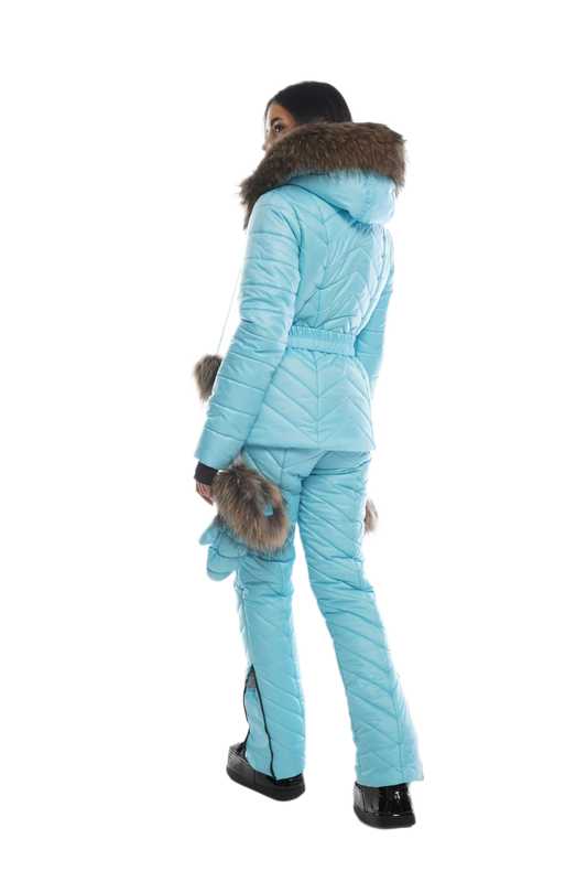 Womens Winter Warm Ski Snowboarding Suit Jacket and Pants with Fur Hood and Gloves Light Blue