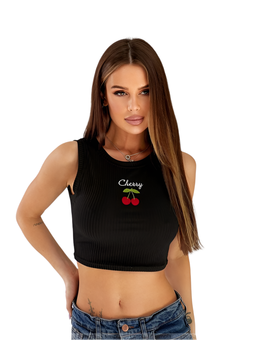 Black Ribbed Crop Top with Cherry Embroidery