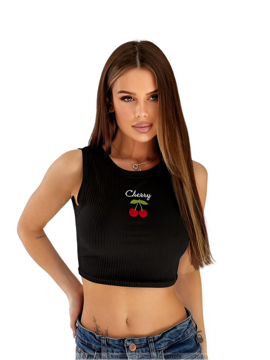 Black Ribbed Crop Top with Cherry Embroidery