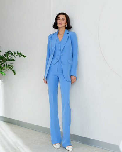 Three-Piece Women's Suit with Vest in Blue Diagonal Crepe Fabric