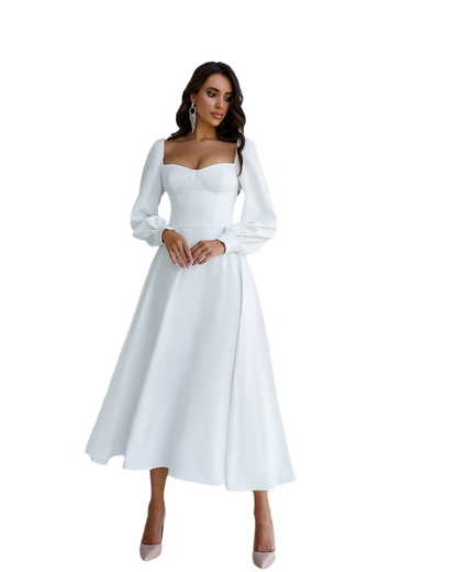 White Midi Dress with Cups and Long Puff Sleeves for Women